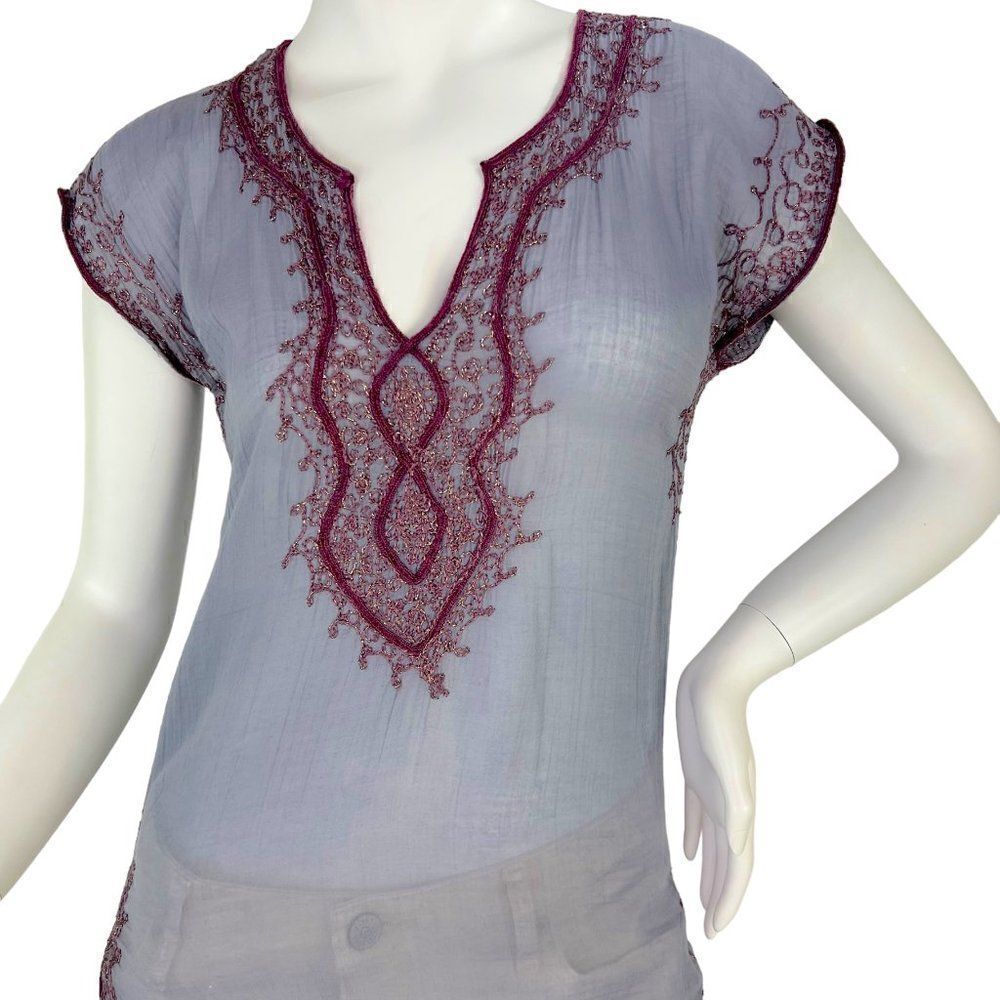 Vanesska x Calypso Christiane Celle Violet & Plum Embroidered Cap Sleeve Top XS